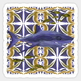 Decorated Great White Shark on Abstract Blue Pattern Sticker